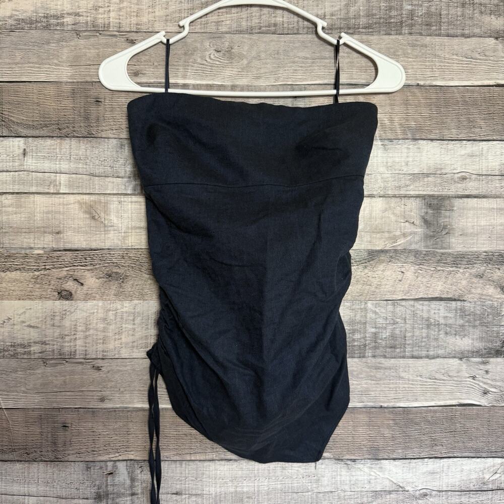 Zara Women's Strapless Ruched Bandaeu Top Linen Blend Navy Blue Med. NWT